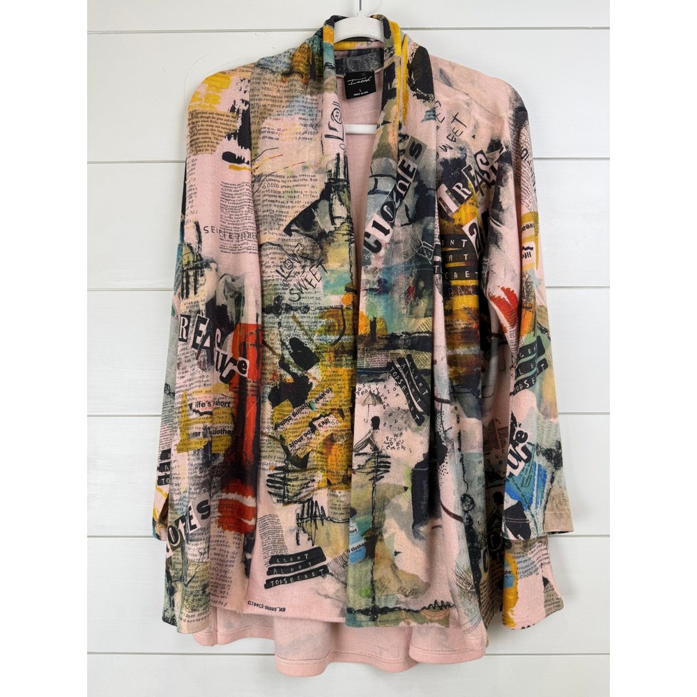 INOAH TOP SECRET Open Front LONG Cardigan Women Large Art To Wear QUIRKY